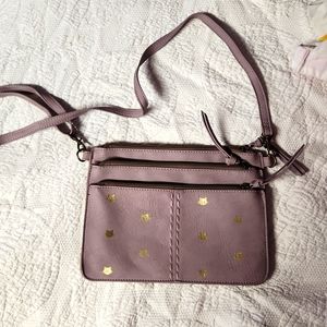 Lavender crossbody bag with gold cat details